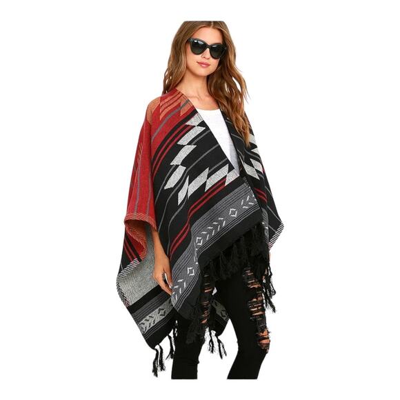 Billabong Women Seaside Voyage Red Southwest Print Fringe Poncho Wrap Loose Boho - Picture 2 of 6